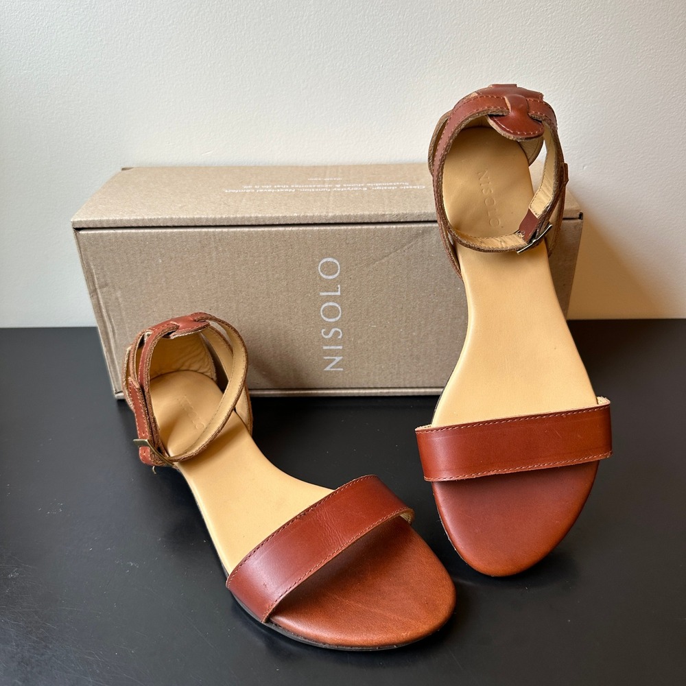 Nisolo Serena Leather Sandals Brandy Brown Ankle Strap Flat Sandals Womens Sz 6 - Picture 2 of 5
